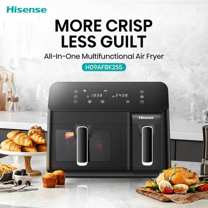 Hisense 9L Dual Basket Air Fryer, Air Fry, Preset Menus, 360° Circulation, LED Display, Dual Cooking Zone, Visible Basket, H09AFBK2S5