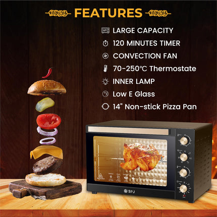 SPJ Electric Oven, 80L Oven, 2400W With 7 Power Levels, 70-250 °C Adjustable Temp.,120 Minutes Timer, 360° Motorised Rotisserie, Inner Lamp, Easy to Use, Color - Brown, EOW-BR80L01, 1 Year Warranty