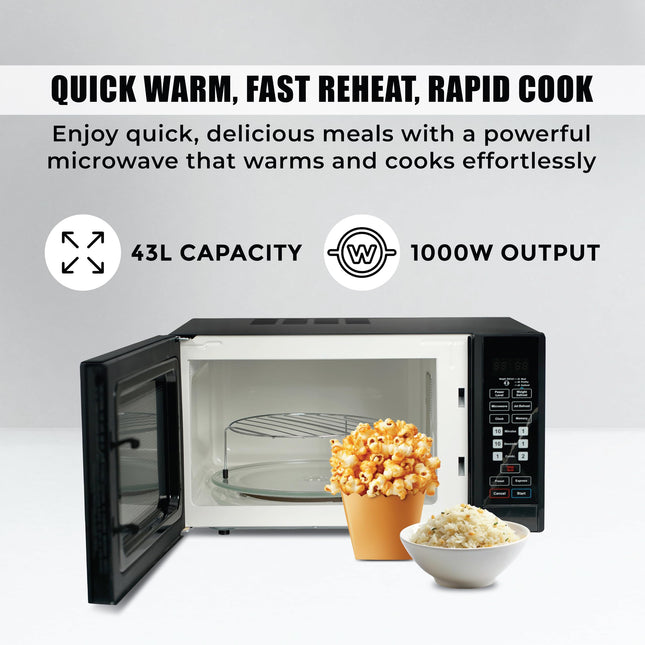 SPJ  QUALITY MATTERS Microwave Oven 43L, 1000W With 6 Power Levels, Digital Microwave, 99 Minutes Timer, Grill 1300W, Easy to Use, Colour - BLACK, MWBLU-43L007