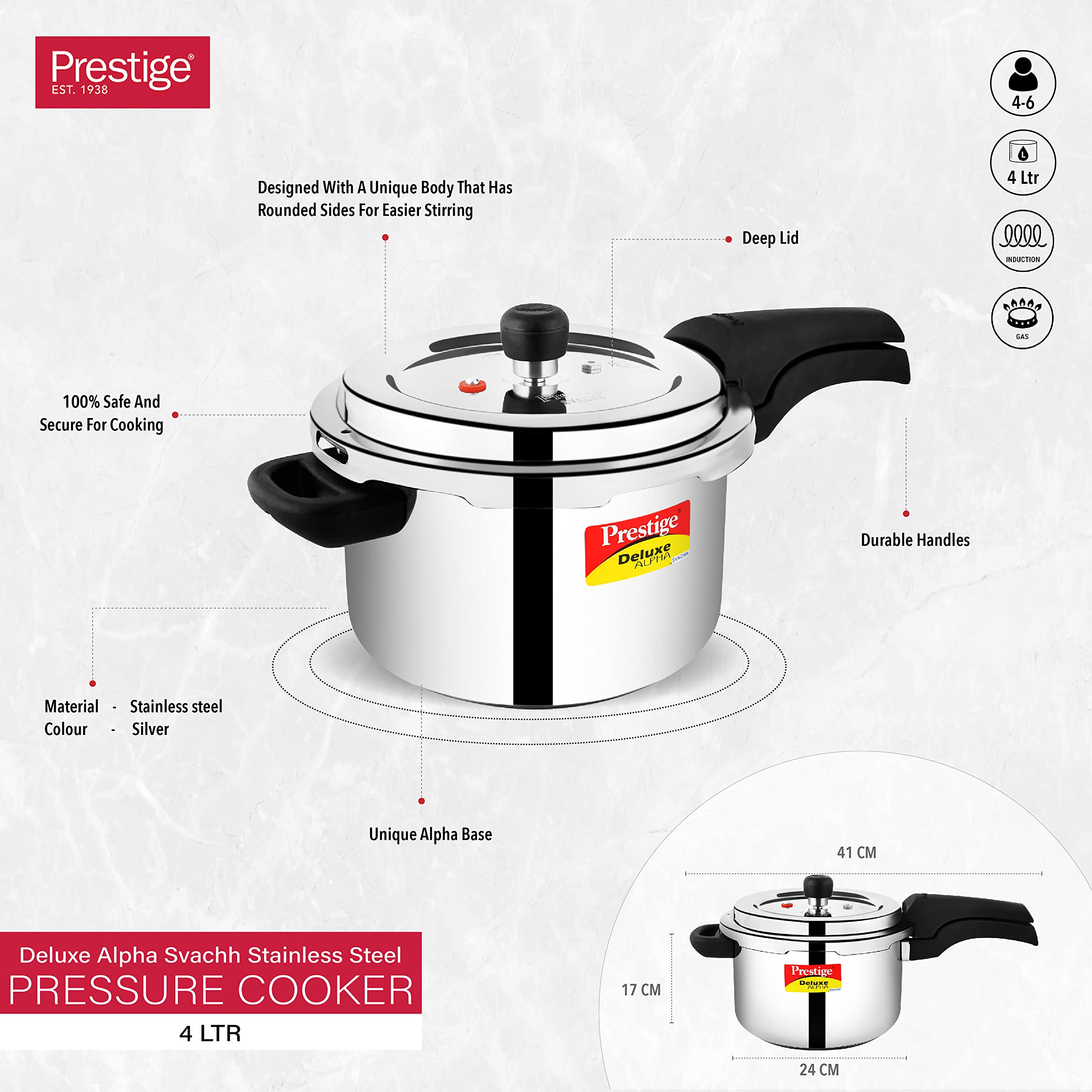 Prestige Stainless Steel Cookerteel 4.0 Ltr Svachh Dlx Alpha Cooker 4 Ltr | Grey