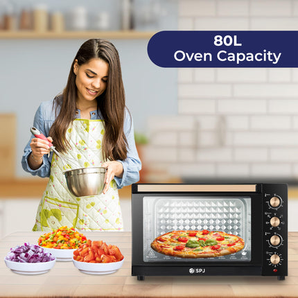 SPJ Electric Oven, 80L Oven, 2400W With 7 Power Levels, 70-250 °C Adjustable Temp.,120 Minutes Timer, 360° Motorised Rotisserie, Inner Lamp, Easy to Use, Color - Brown, EOW-BR80L01, 1 Year Warranty