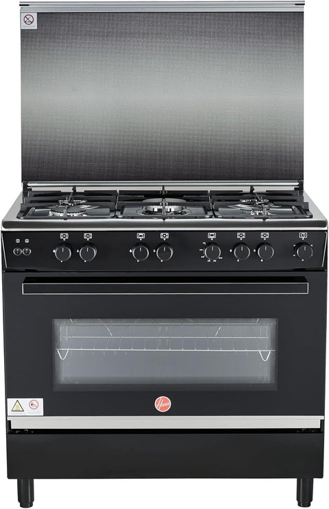 Hoover 90x60 Full Gas Cooker with 5 Gas Burners(1 Wok), Full Safety,Gas Oven & Grill, Auto Ignition, Cast Iron Support, Dual Convection Fan, Double Glazed Door 1-YearWarranty Black -HGC-G95G-RB