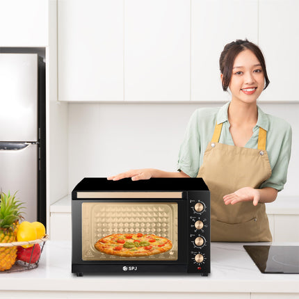SPJ Electric Oven, 100L Oven, 2800W With 7 Power Levels, 70-250 °C Adjustable Temp.,120 Minutes Timer, 360° Motorised Rotisserie, Inner Lamp, Easy to Use, Color - Brown, EOW-BR100L02, 1 Year Warranty