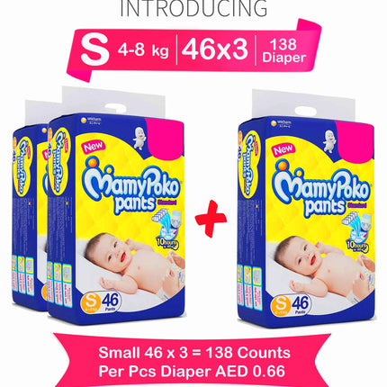 Mamypoko Diaper Pants Standard Style, Size Small, 4-8 Kg (46 Counts), Pack of 3