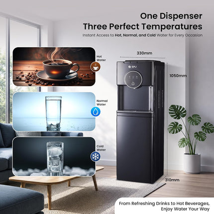 SPJ 18.9L Bottom Loading Water Dispenser, Hot Cold & Normal Water Cooler, Compressor Cooling, Child Safety Lock, Anti-Electric Shock Protection, Antibacterial, Black