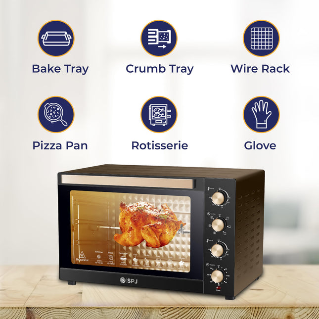 SPJ Electric Oven, 80L Oven, 2400W With 7 Power Levels, 70-250 °C Adjustable Temp.,120 Minutes Timer, 360° Motorised Rotisserie, Inner Lamp, Easy to Use, Color - Brown, EOW-BR80L01, 1 Year Warranty