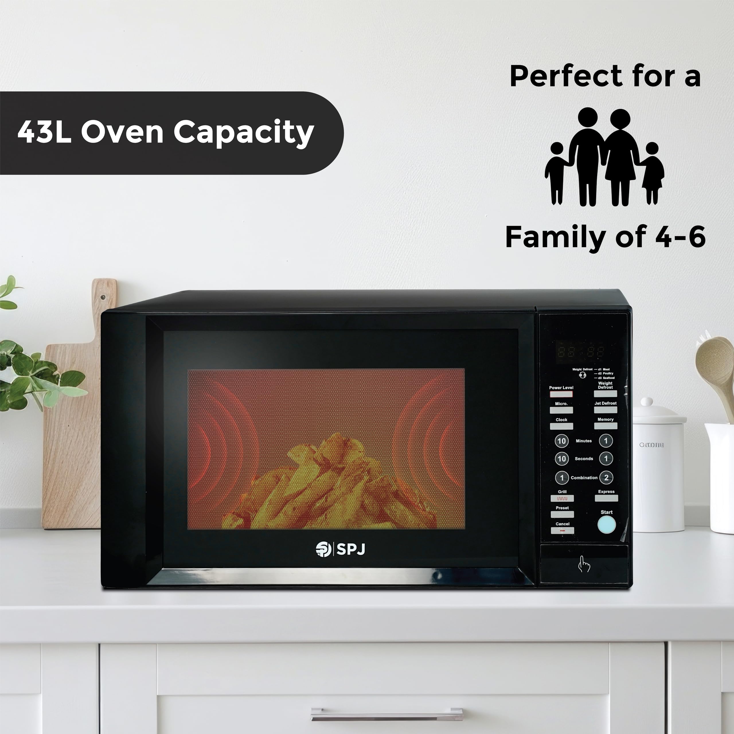 SPJ  QUALITY MATTERS Microwave Oven 43L, 1000W With 6 Power Levels, Digital Microwave, 99 Minutes Timer, Grill 1300W, Easy to Use, Colour - BLACK, MWBLU-43L007