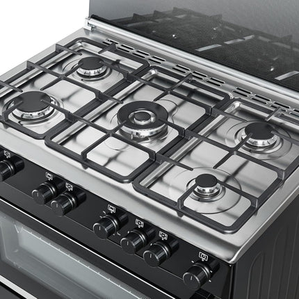 موقد غاز هوفر 90×60 بوصة بخمسة شعلات غاز (واحدة منها مخصصة للووك)، مزود بميزات أمان كاملة، وفرن غاز وشواية، وإشعال تلقائي، ودعامة من الحديد الزهر، ومروحة مزدوجة لتوزيع الحرارة، وباب زجاجي مزدوج، وضمان لمدة عام واحد، لون أسود -HGC-G95G-RB