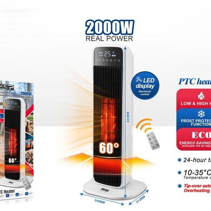 DSP 2000W Smart PTC Fan Heater - Remote Control, ECO Mode & 60° Oscillation with 24H Timer