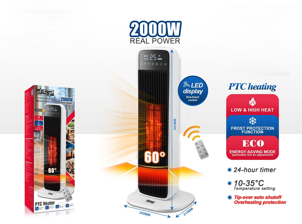 DSP 2000W Smart PTC Fan Heater - Remote Control, ECO Mode & 60° Oscillation with 24H Timer