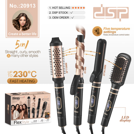 DSP 5-in-1 Hair Styler Set - Ceramic Coated Tools for Straightening & Curling with 5 Temp Settings & Auto Shut-Off