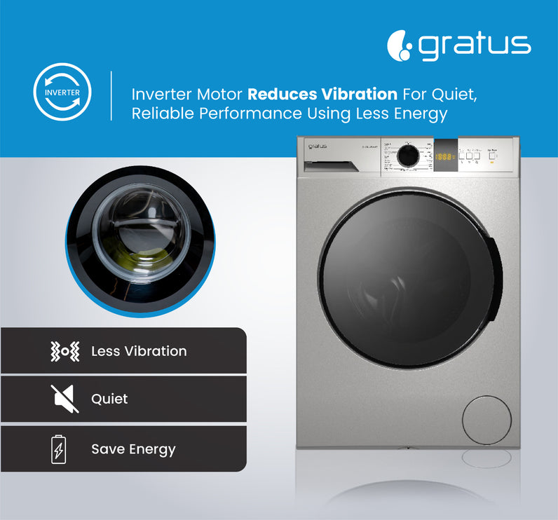 Gratus 8 KG Front Load Washing Machine 1400 RPM & 15 Programs, Digital Display, Inverter Motor, inox silver, 1 Year Full Warranty, Model – WFD8502WEVTX