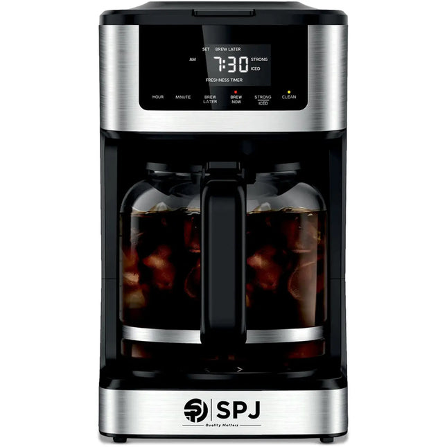 SPJ 12 Cup Coffee Maker with Glass Carafe, Hot & Iced Brew Coffee Machine, Touch Screen Control, Anti-Drip System, Self-Clean Function, Auto Power Off, Silver & Black