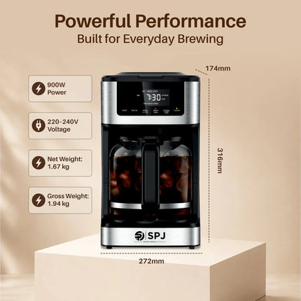 SPJ 12 Cup Coffee Maker with Glass Carafe, Hot & Iced Brew Coffee Machine, Touch Screen Control, Anti-Drip System, Self-Clean Function, Auto Power Off, Silver & Black