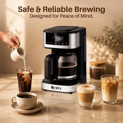 SPJ 12 Cup Coffee Maker with Glass Carafe, Hot & Iced Brew Coffee Machine, Touch Screen Control, Anti-Drip System, Self-Clean Function, Auto Power Off, Silver & Black