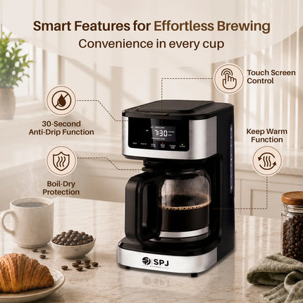 SPJ 12 Cup Coffee Maker with Glass Carafe, Hot & Iced Brew Coffee Machine, Touch Screen Control, Anti-Drip System, Self-Clean Function, Auto Power Off, Silver & Black
