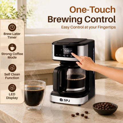 SPJ 12 Cup Coffee Maker with Glass Carafe, Hot & Iced Brew Coffee Machine, Touch Screen Control, Anti-Drip System, Self-Clean Function, Auto Power Off, Silver & Black