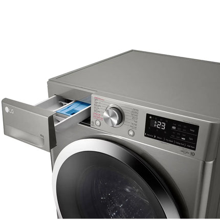 غسالة ملابس إل جي تحميل أمامي، سعة 8 كجم، أوتوماتيكية بالكامل، 1400 دورة في الدقيقة، محرك الدفع المباشر الذكي (AI DD™)، بخار™، لون فضي بلاتيني، موديل F4R6TYGCP