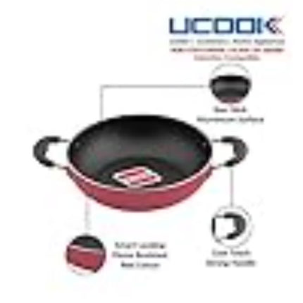 UCOOK by United Ekta Group Non-Stick Deep Kadhai with Glass Lid DK0321 – 260mm / 3.5L | Induction & Gas Compatible | Durable Non-Stick Coating | Cool-Touch Handles | Red