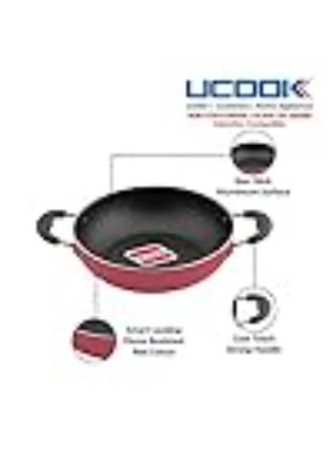 UCOOK by United Ekta Group Non-Stick Deep Kadhai with Glass Lid DK0321 – 260mm / 3.5L | Induction & Gas Compatible | Durable Non-Stick Coating | Cool-Touch Handles | Red