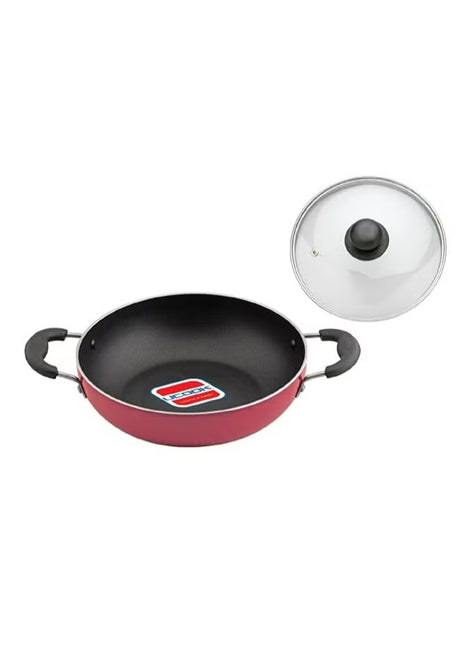 UCOOK by United Ekta Group Non-Stick Deep Kadhai with Glass Lid DK0321 – 260mm / 3.5L | Induction & Gas Compatible | Durable Non-Stick Coating | Cool-Touch Handles | Red