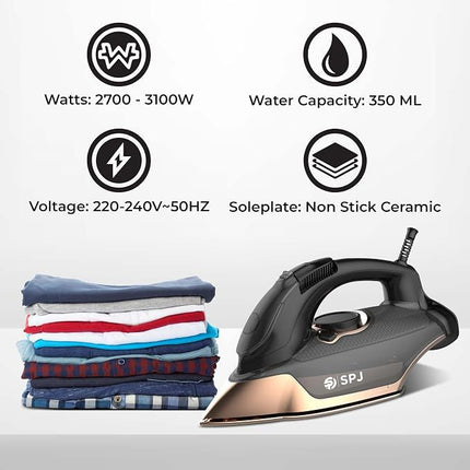 SPJ 3100W Steam Iron with 350ml Water Tank | Nano Soleplate, Vertical Steam, Auto Shut-Off, Anti-Drip & Self-Cleaning | Spray & Burst Function | Dry & Steam Iron | Black | 1-Year Warranty