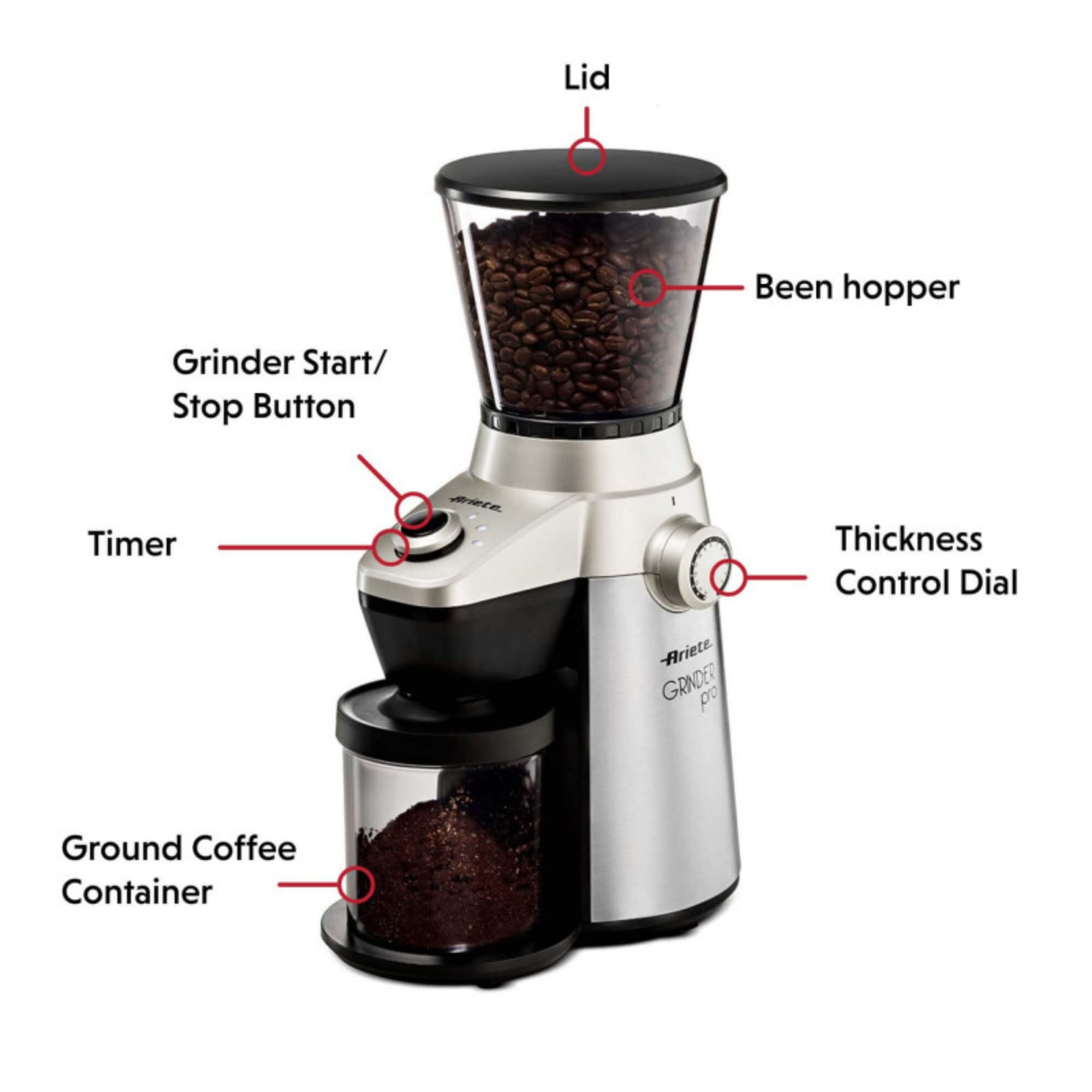 Ariete Electric Coffee Grinder Pro 150W 300gm Capacity, 15 Grinding Levels from Fine to Coarse, Perfect For Espresso, Drip, Pour Over and French Press Coffee, Heavy Duty Stainless Steel - ART3017