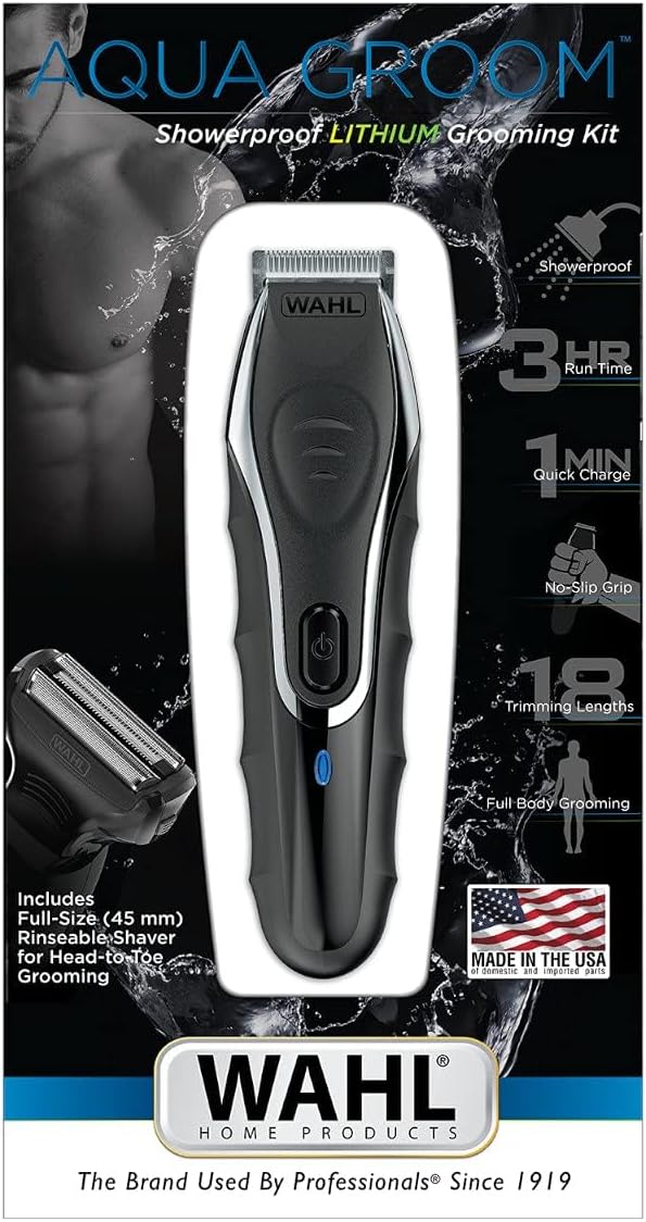 WAHL Aqua Groom Rechargeable Trimmer Kit, Showerproof Lithium Ion Trimmer, Foil Shaver and Detailer, 12 Combs for different beard haircutting lengths, 3 hours Run Time, 09899-027