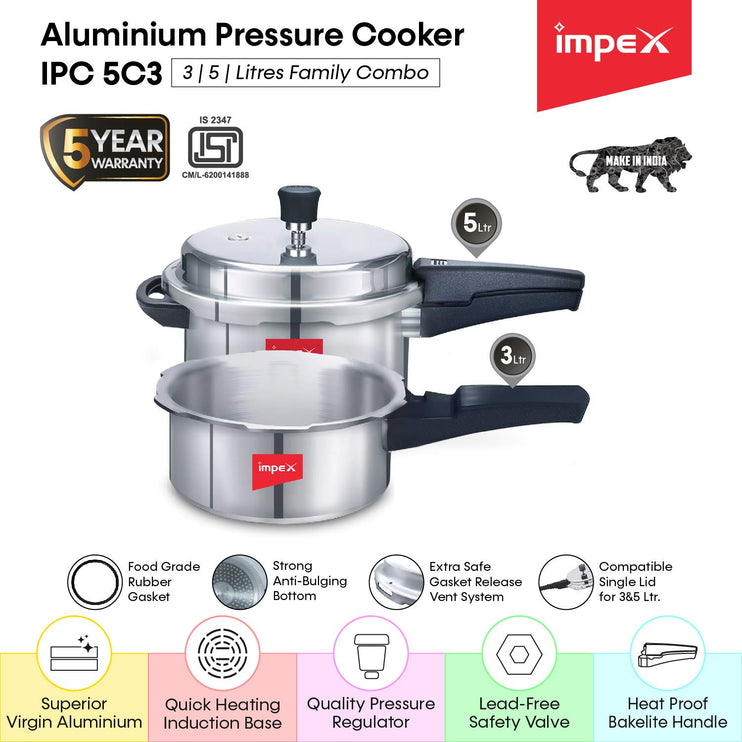 Impex Ipc 5C3 Induction Base Outer Lid Aluminium Pressure Cooker, 3 Litres, Silver