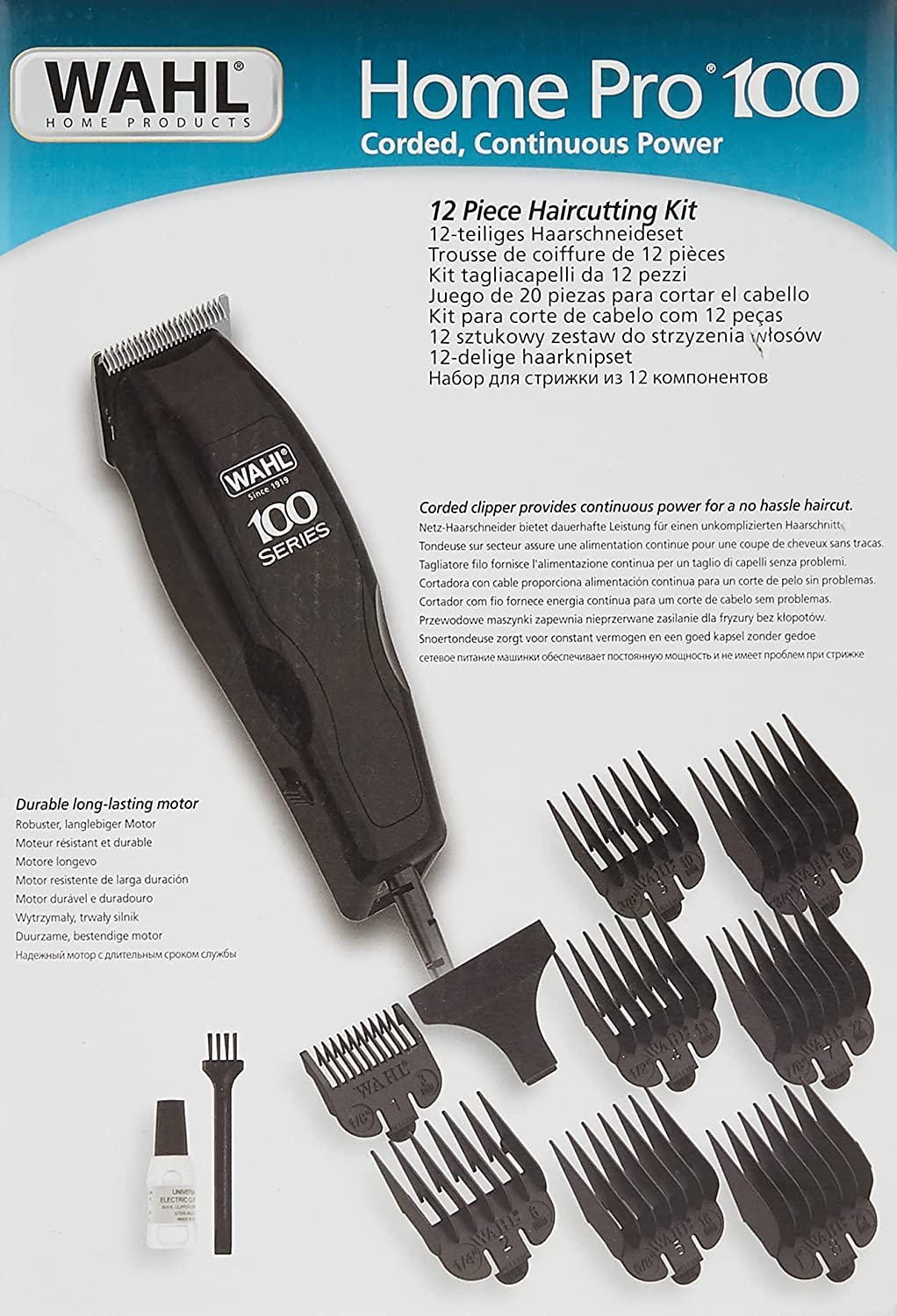 مجموعة قص الشعر من سلسلة WAHL Home Pro 100، مجموعة ماكينة قص الشعر السلكية للمنزل، 8 ملحقات أمشاط لأطوال قص متعددة، شفرات دقيقة للشحذ الذاتي (((مستخدمة)))