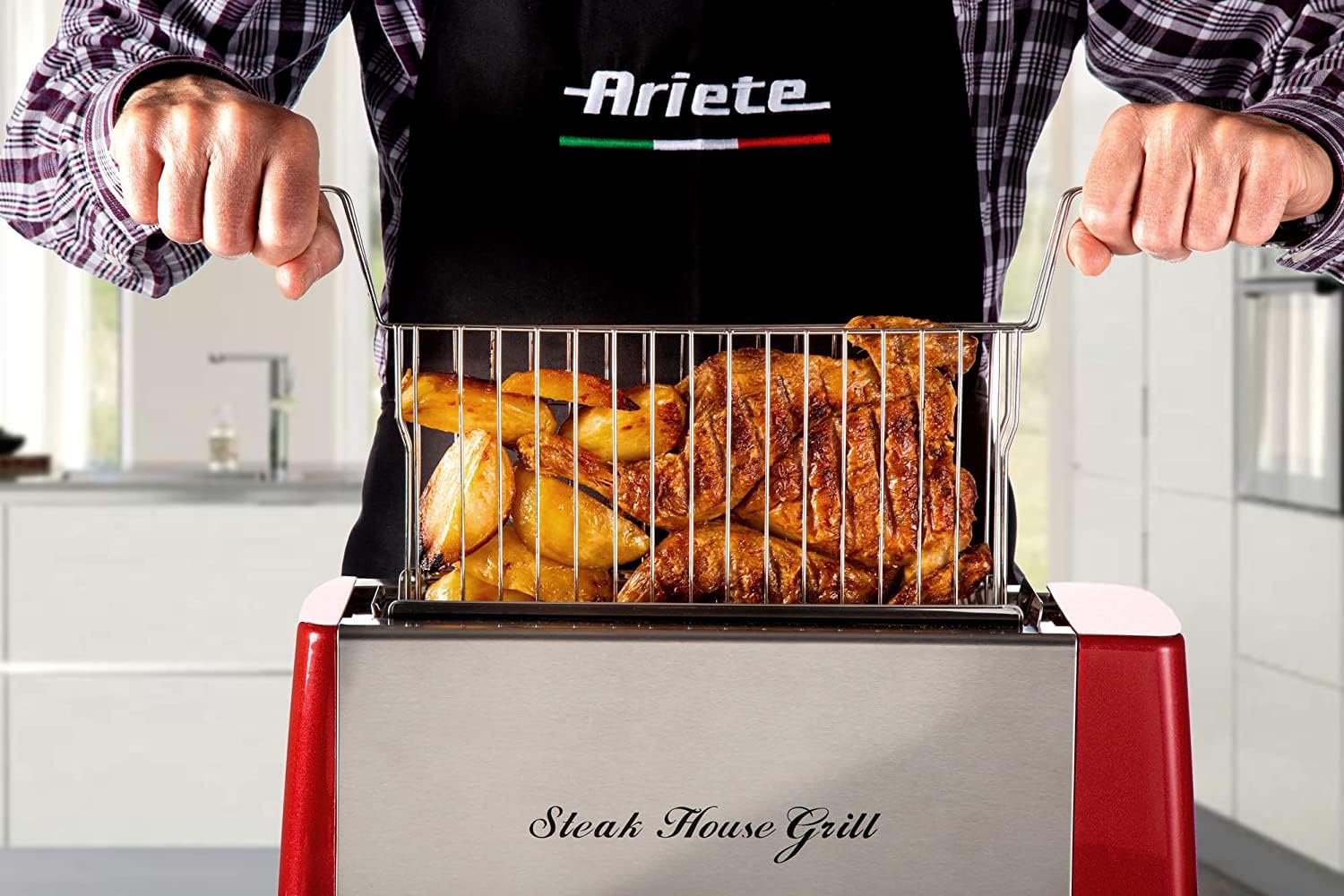 Ariete Vertical Electric Grill for Steak and BBQ Up To 4cm Thick, 1300W, 30 Min Timer, Less Fat, No smoke, For Indoor Cooking and Defrosting Meat, Vegetables, Fish and Bread - Red ART730