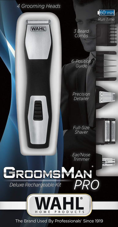 WAHL Groomsman Pro Rechargeable Grooming Kit, Multi grooming, Beard and Body Trimmer, 9 different cutting lengths beard trimmer for men, Black/Silver, 09855-1227 "