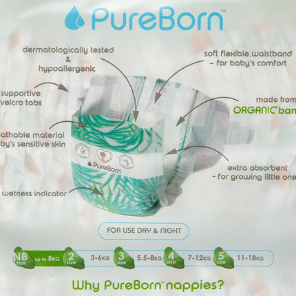 Pureborn Organic-Natural Bamboo Baby Disposable Diapers-Nappy -Value Pack- From 0 To 4.5 Kg - 68 Pcs