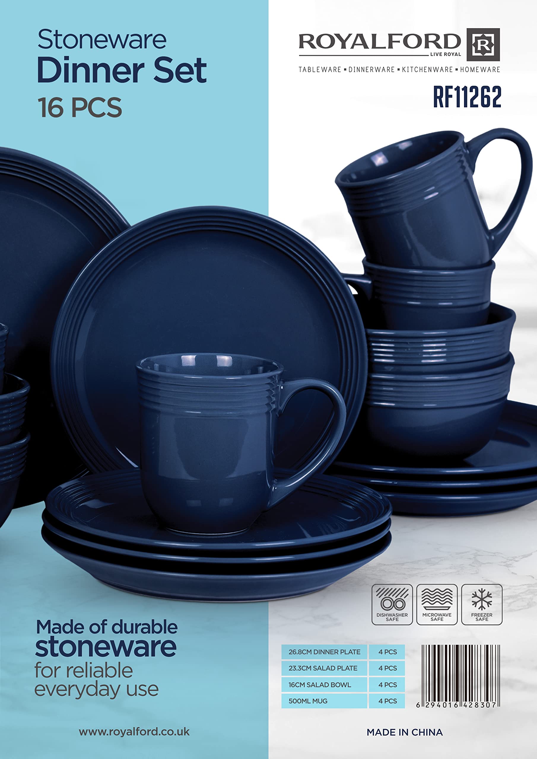 RoyalFord 16 Piece Stoneware Dinner Set RF11262 Includes Dinner Plates, Salad Plates, Salad Bowls and Mugs Dishwasher Safe, Microwave Safe and Freezer