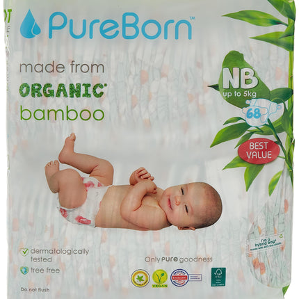 Pureborn Organic-Natural Bamboo Baby Disposable Diapers-Nappy -Value Pack- From 0 To 4.5 Kg - 68 Pcs